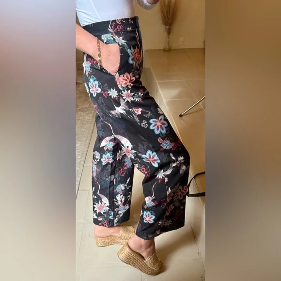 H&M Crane Print Satin Wide Leg Trousers High Waist Floral Size 6 - Picture 4 of 12